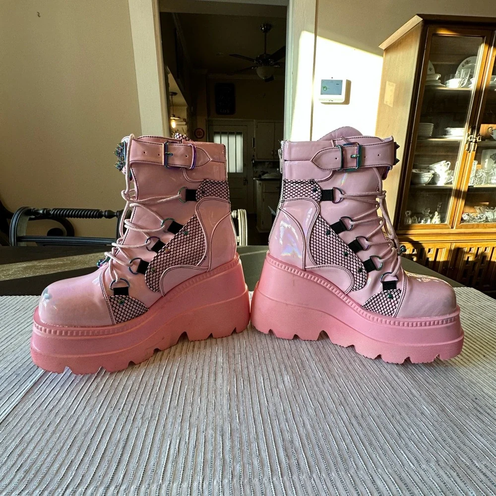 Demonia Pink Platform Combat Boots - Women's Chunky Lace-Up Boots - Picture 1 of 5